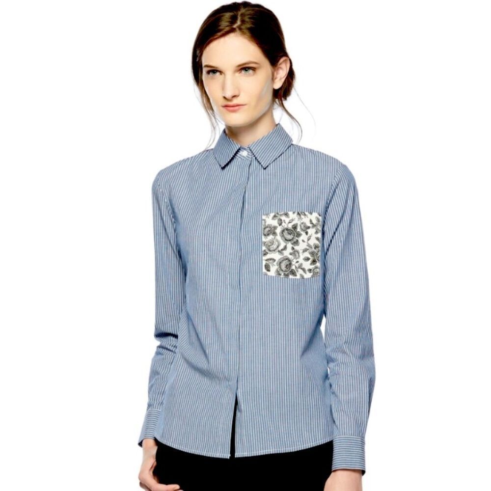 NWT Thakoon Design Nation London Blue White Button Down Striped Shirt Size S